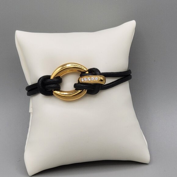 Gold Tone Rings Black Corded Bracelet Crystal Accents Size 5.5 Magnetic Close - Picture 1 of 6